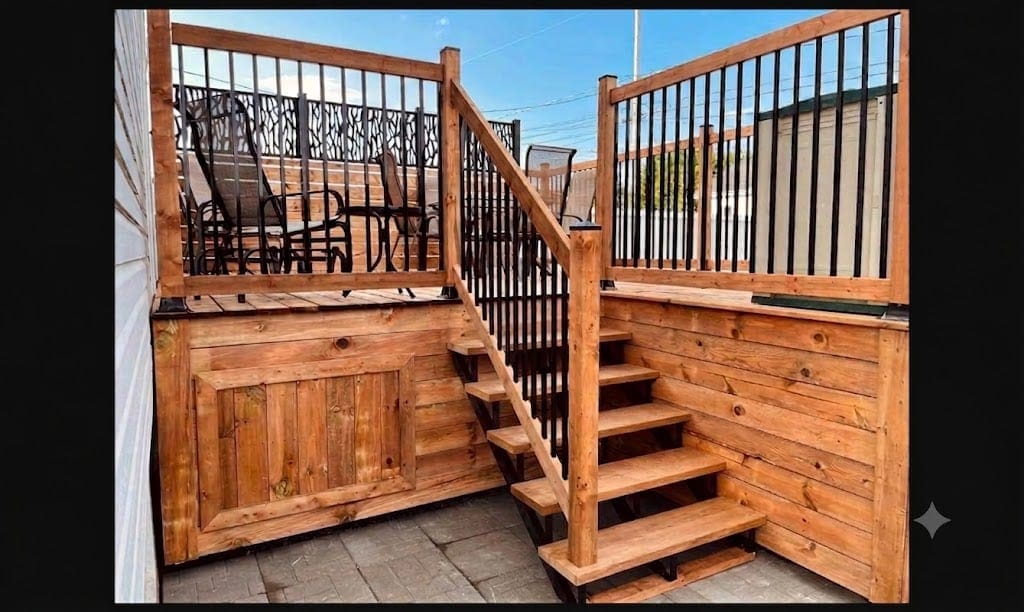Patio de cèdre avec escalier et rampe de fer forgé