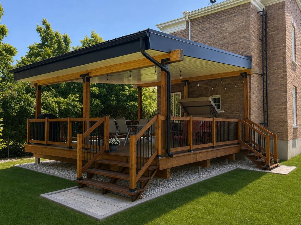 Patio couvert avec pergola en bois adossé à une maison de brique