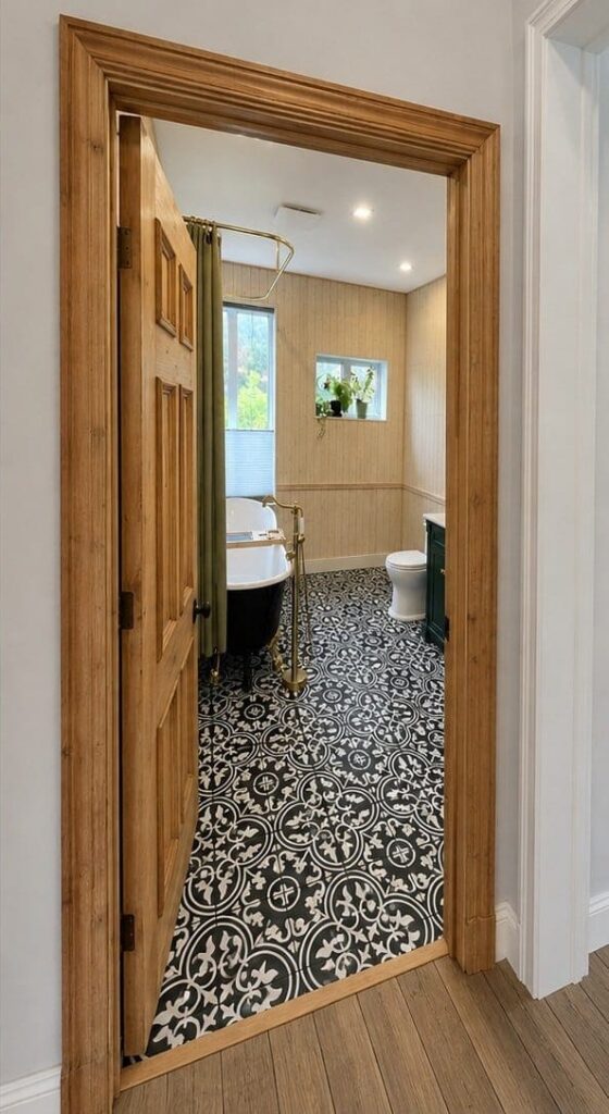 Salle de bain patrimoniale avec baignoire sur pattes et tuiles à motifs